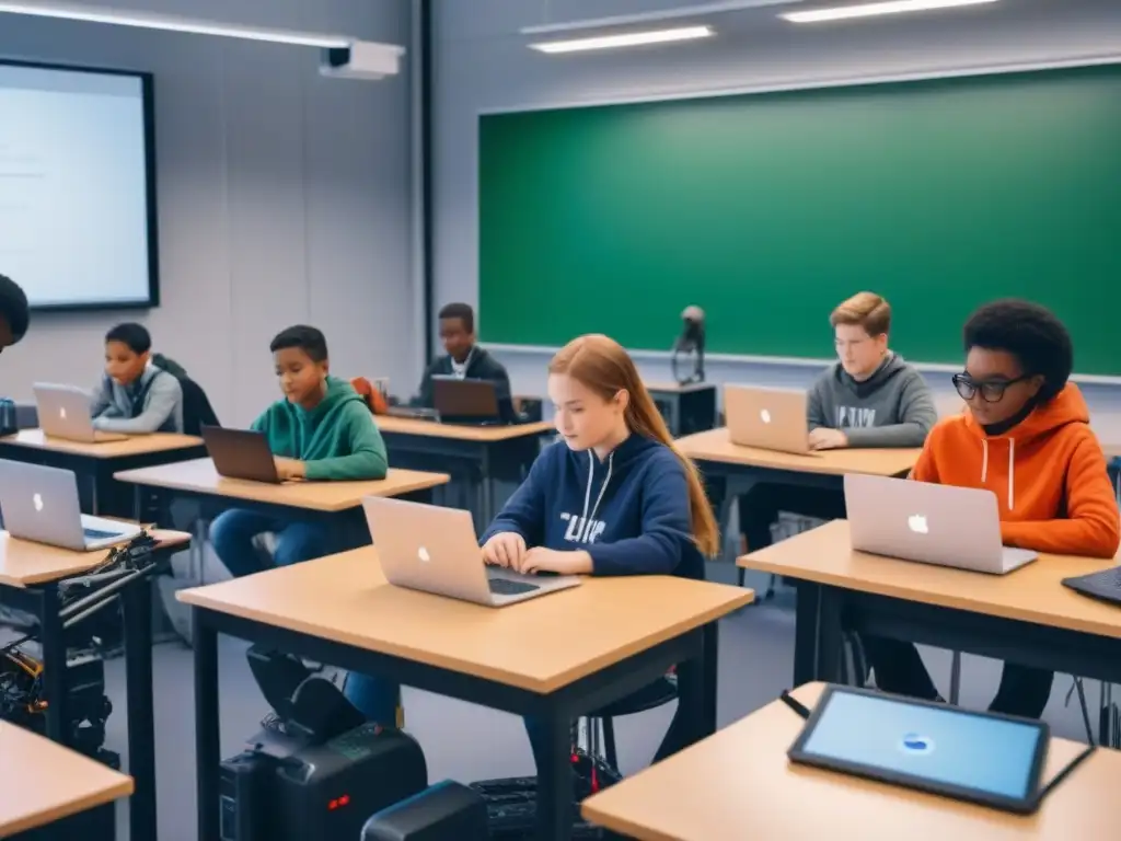 Grupo diverso de estudiantes colaborando en programación y robótica en un aula moderna