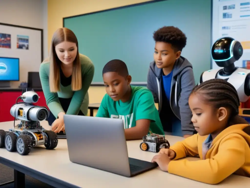 Un grupo diverso de estudiantes se concentra en construir y programar robots en un aula moderna