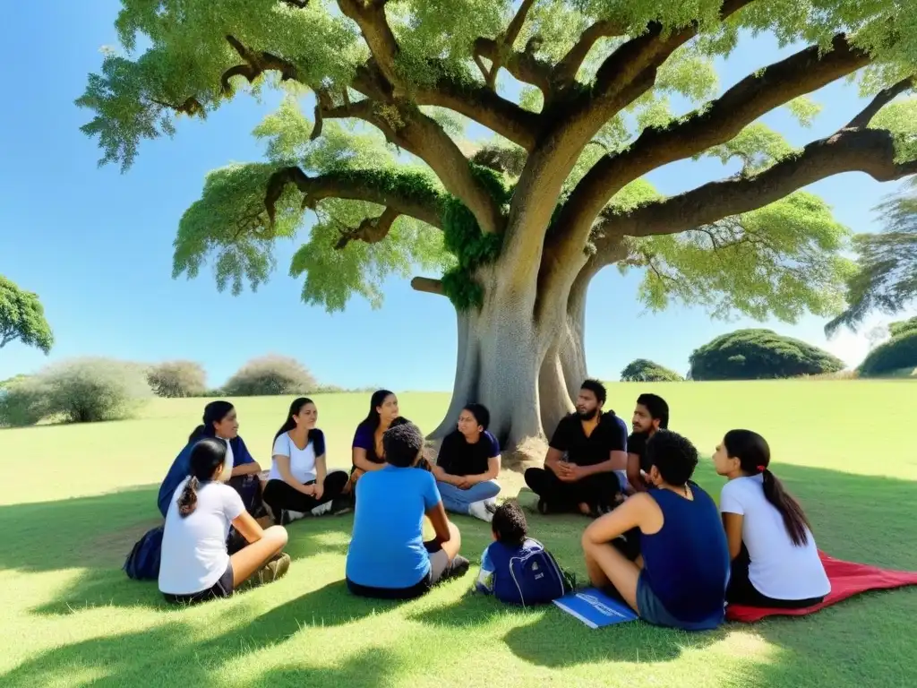 Grupo diverso de estudiantes en Uruguay rural bajo un árbol, discutiendo