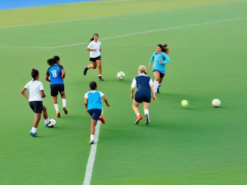 Un grupo diverso de estudiantes rurales en Uruguay disfruta de diversas actividades deportivas en un campo verde bajo un cielo azul claro