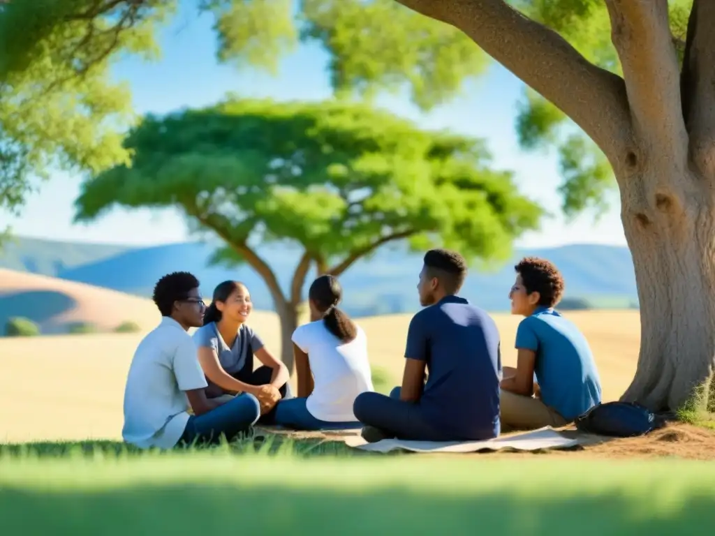 Grupo diverso de estudiantes rurales bajo un árbol, discutiendo juntos