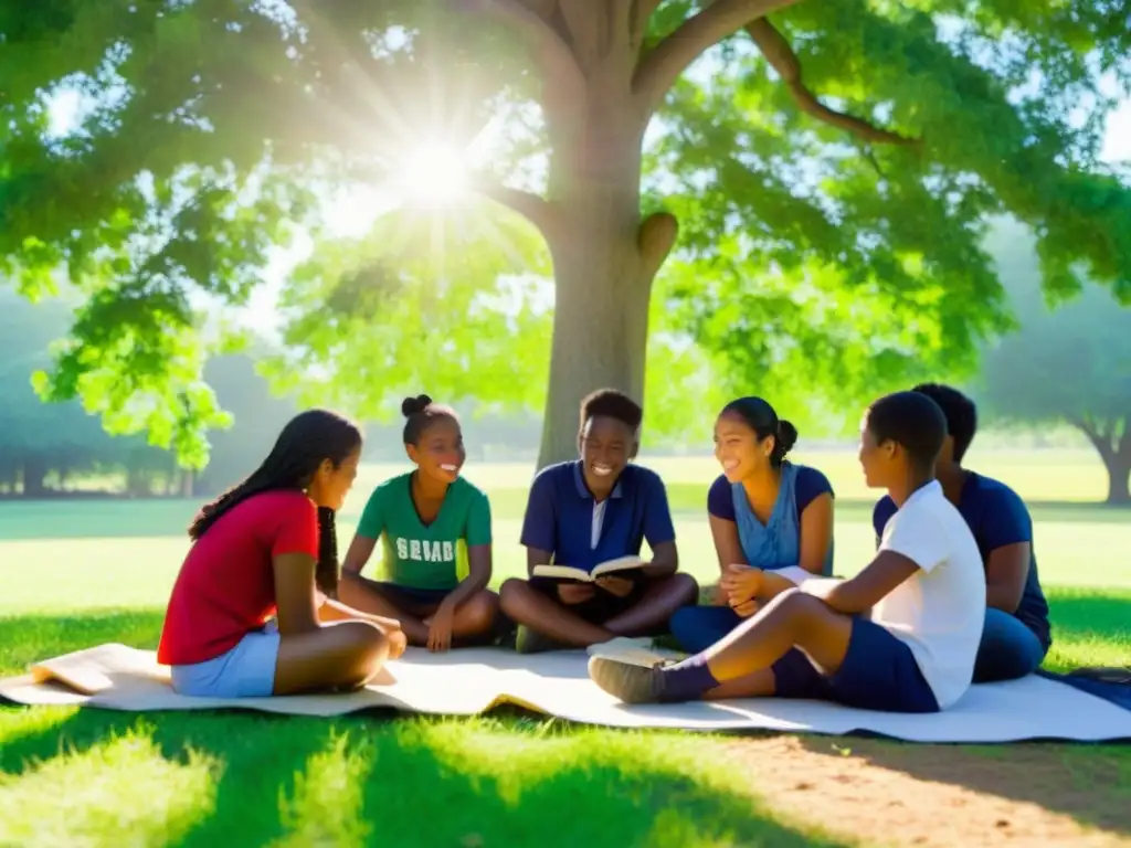 Un grupo diverso de estudiantes rurales colaborando bajo un árbol, transmitiendo empoderamiento en comunidad educativa rural