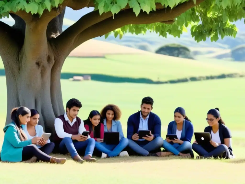 Grupo diverso de estudiantes rurales uruguayos usando aplicaciones educativas móviles bajo un árbol, fusionando tradición y tecnología