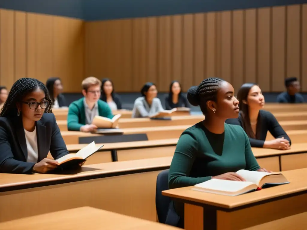 Un grupo diverso de estudiantes en una sala de clases, colaborando y enfocados en sus estudios