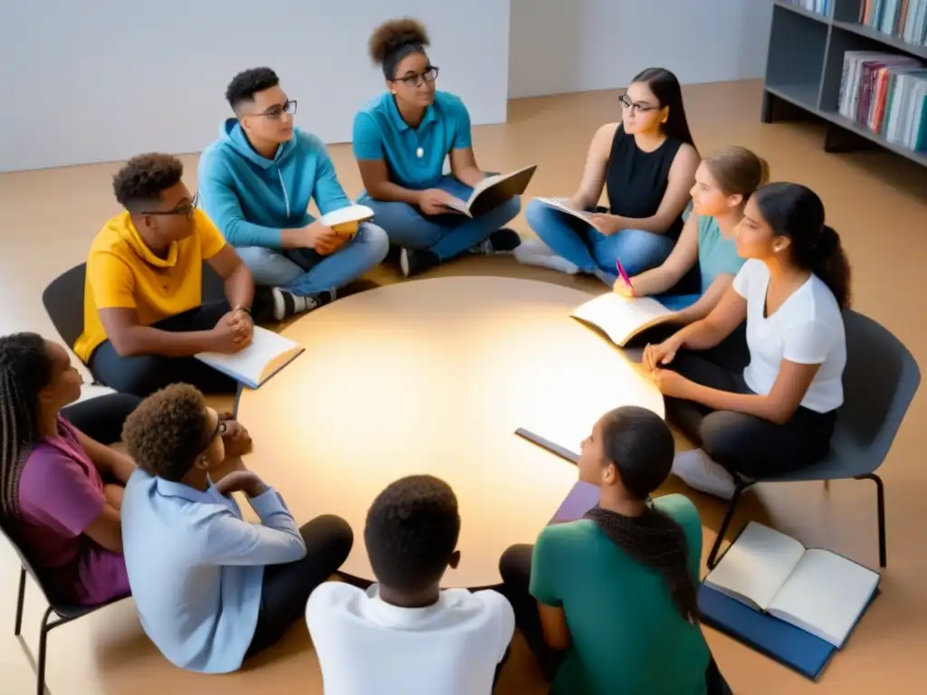 Workshop vocacional: estudiantes en acción Grupo diverso de estudiantes de secundaria en taller de orientación vocacional, escuchando a consejero profesional en aula moderna