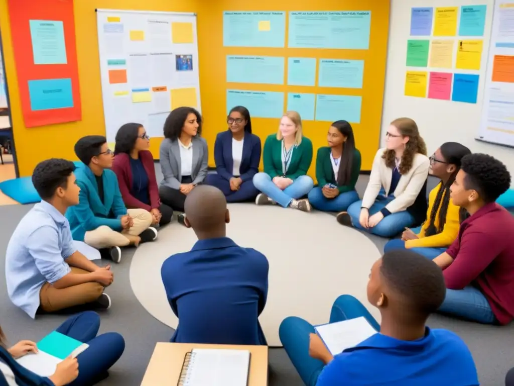 Workshop de orientación vocacional: diversidad y enfoque educativo Grupo diverso de estudiantes de secundaria en taller de orientación vocacional, rodeados de libros y pósters educativos