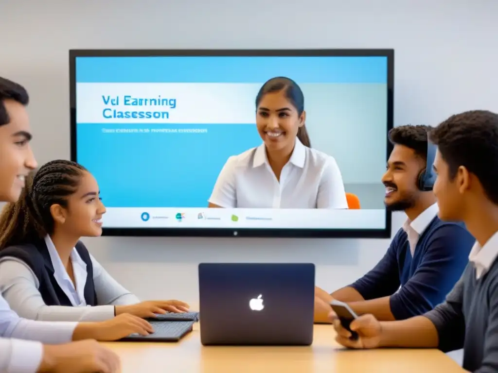 Grupo diverso de estudiantes participando en una sesión interactiva de elearning en Uruguay