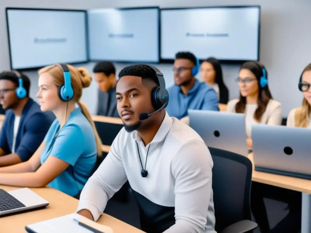 Un grupo diverso de estudiantes participando en sesiones de elearning, con expresiones concentradas, en un aula virtual moderna