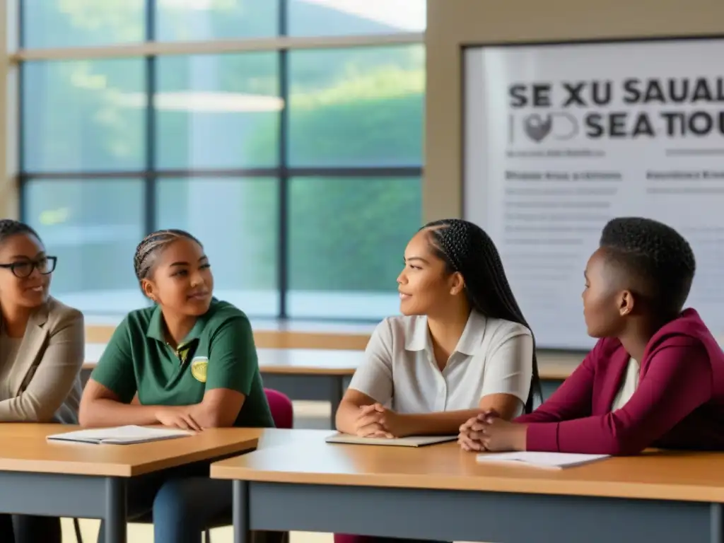 Grupo diverso de estudiantes debaten educación sexual en aula moderna de Uruguay