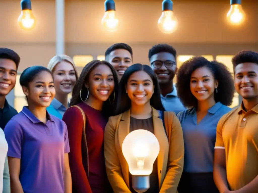 Un grupo diverso de estudiantes sonrientes rodeados de ideas brillantes y logros, juntos en un ambiente escolar