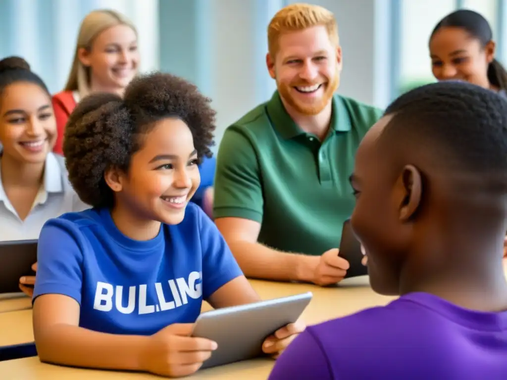 Grupo diverso de estudiantes sonrientes en aula moderna usando tecnología para combatir el bullying