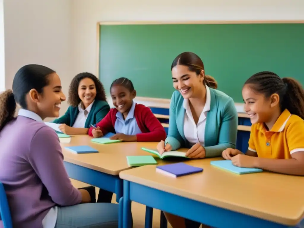 Grupo diverso de estudiantes sonrientes aprendiendo idiomas en Uruguay con materiales educativos coloridos