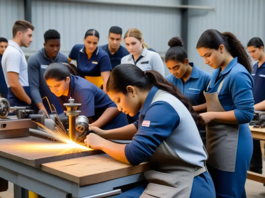 Grupo diverso de estudiantes en taller moderno, colaborando en proyectos técnicos