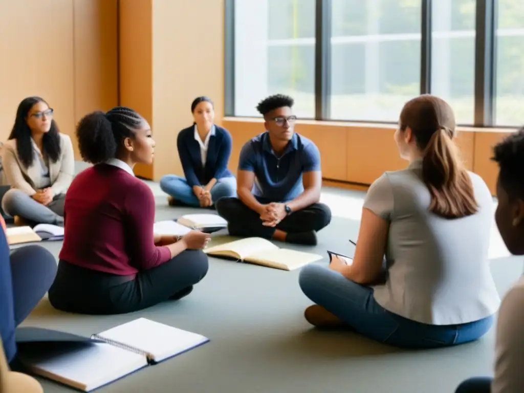 Grupo diverso de estudiantes en taller de orientación vocacional, escuchando a consejera en aula moderna