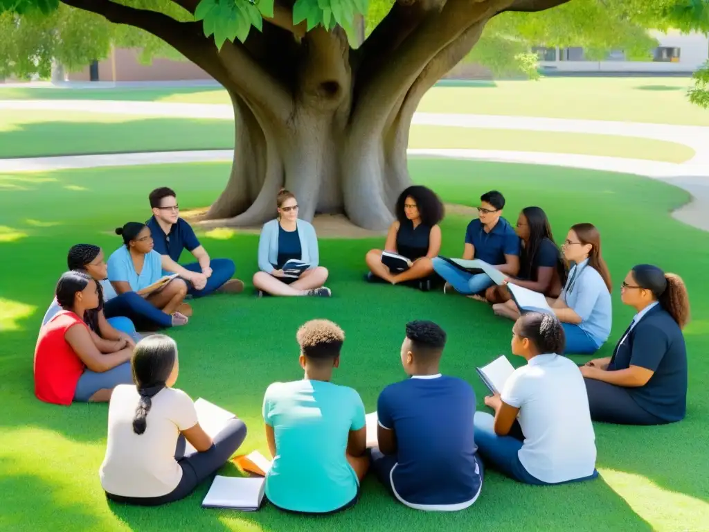 Un grupo diverso de estudiantes participa en un taller de educación financiera inclusiva en Uruguay, bajo un árbol en un día soleado