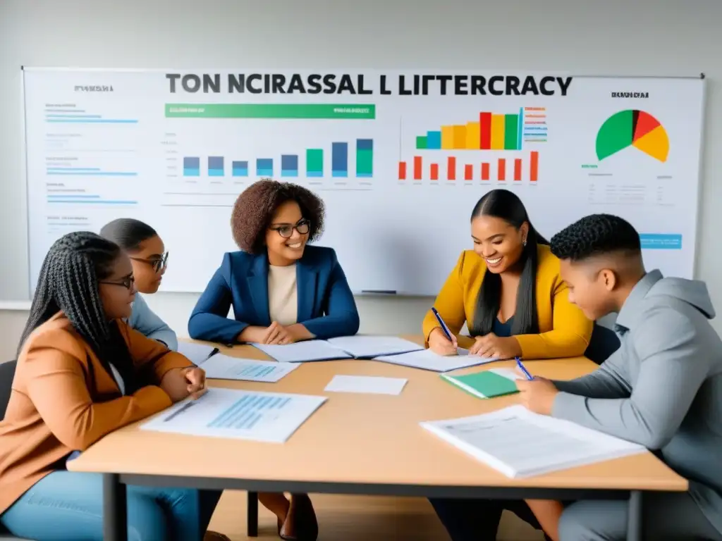 Un grupo diverso de estudiantes participa en un taller de educación financiera, fomentando la formación ciudadana en Uruguay