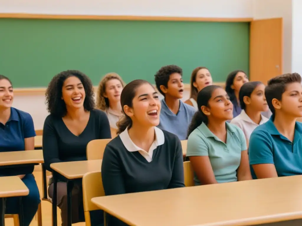 Grupo diverso de estudiantes participando en un taller de teatro en educación emocional en Uruguay, expresando emociones