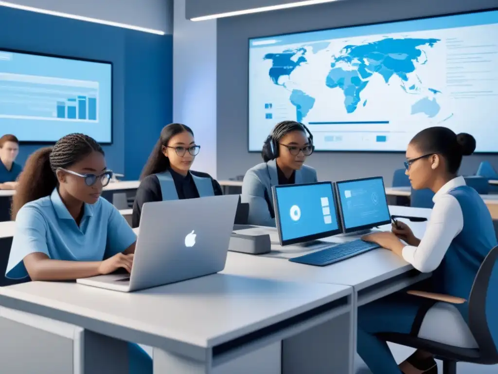 Un grupo diverso de estudiantes colabora en tecnología avanzada en un aula, reflejando la equidad de género en Uruguay