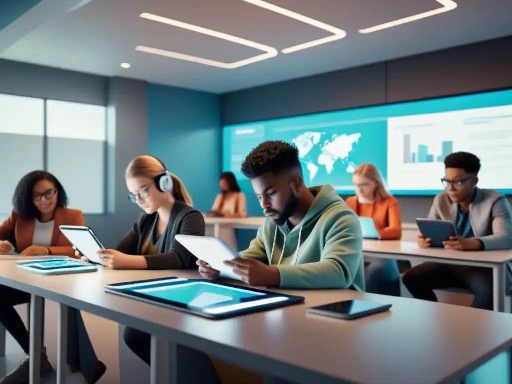 Grupo diverso de estudiantes colaborando en tablets, con tecnología futurista y herramientas innovadoras, en un aula moderna y geométrica