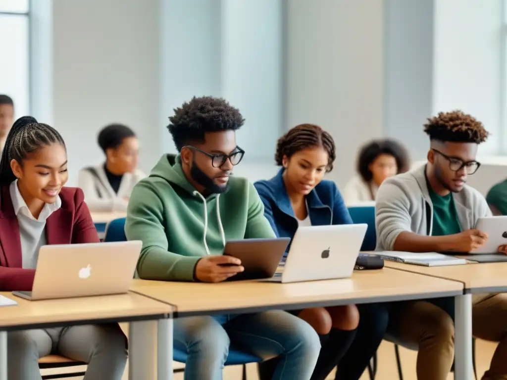 Grupo diverso de estudiantes colaborando con tecnología en aula luminosa