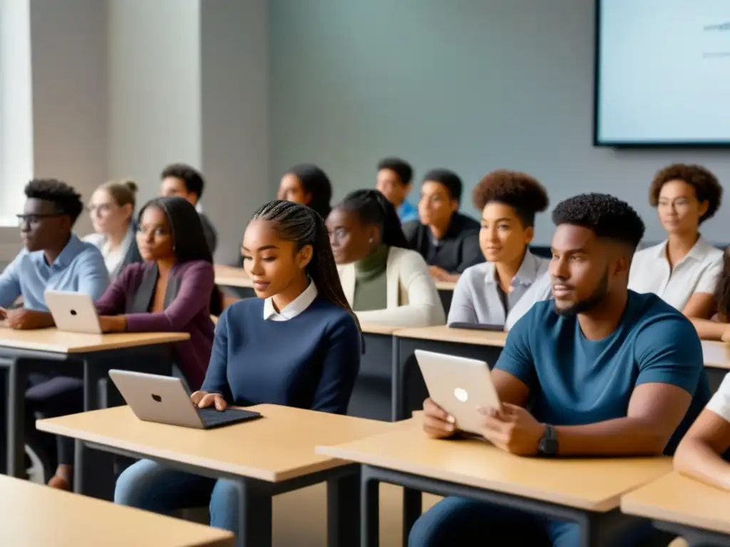 Grupo diverso de estudiantes usando tecnología avanzada en aula moderna, destacando la brecha digital educativa en Uruguay