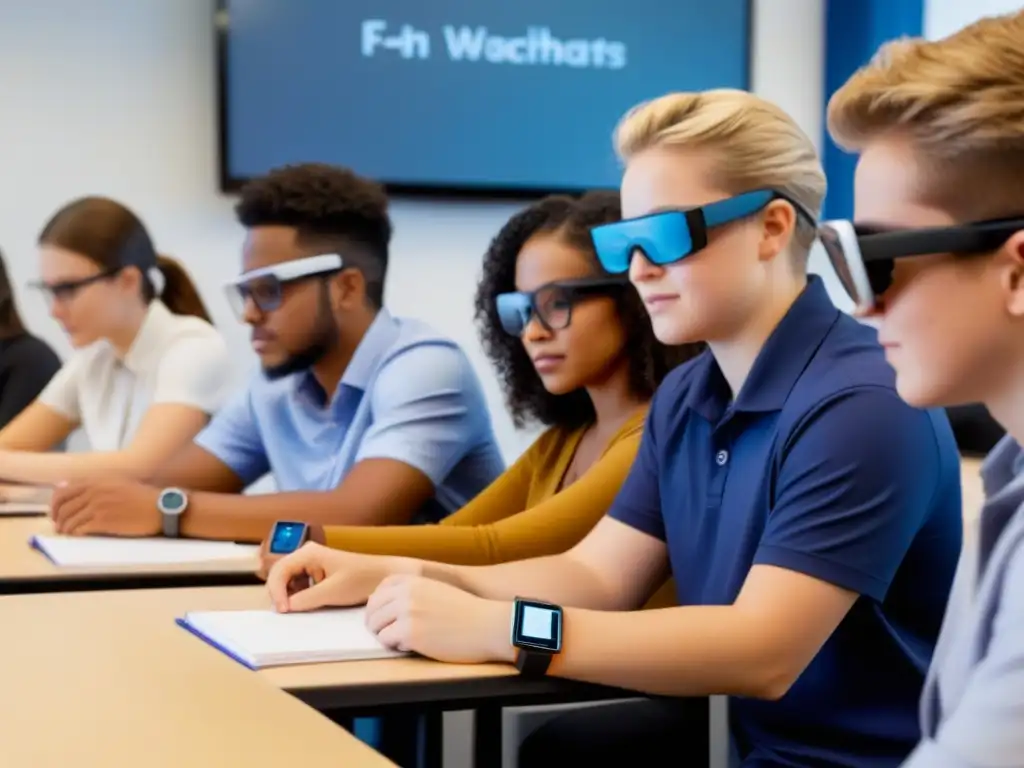 Grupo diverso de estudiantes con tecnología wearable en educación, colaborando en aula innovadora en Uruguay