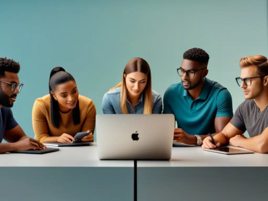 Un grupo diverso de estudiantes colaborando con tecnología educativa en un ambiente minimalista, simbolizando el Aprendizaje Invertido en Uruguay