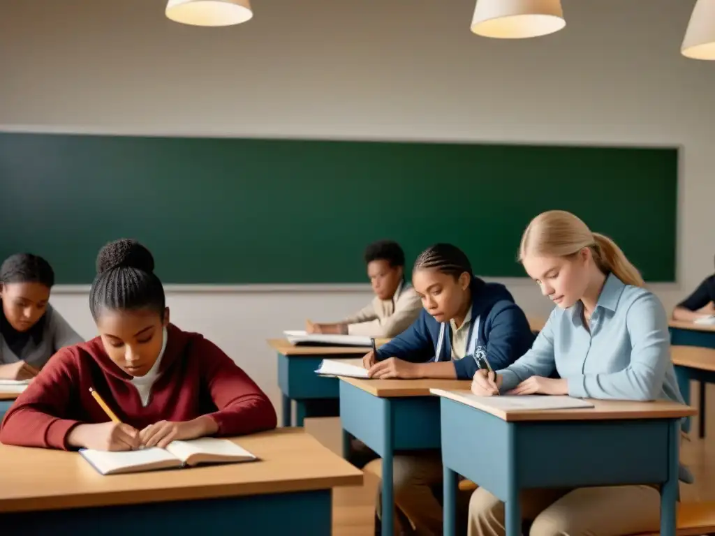 Un grupo diverso de estudiantes estudia unido en un aula pacífica, representando la educación en Uruguay frente a regímenes autoritarios