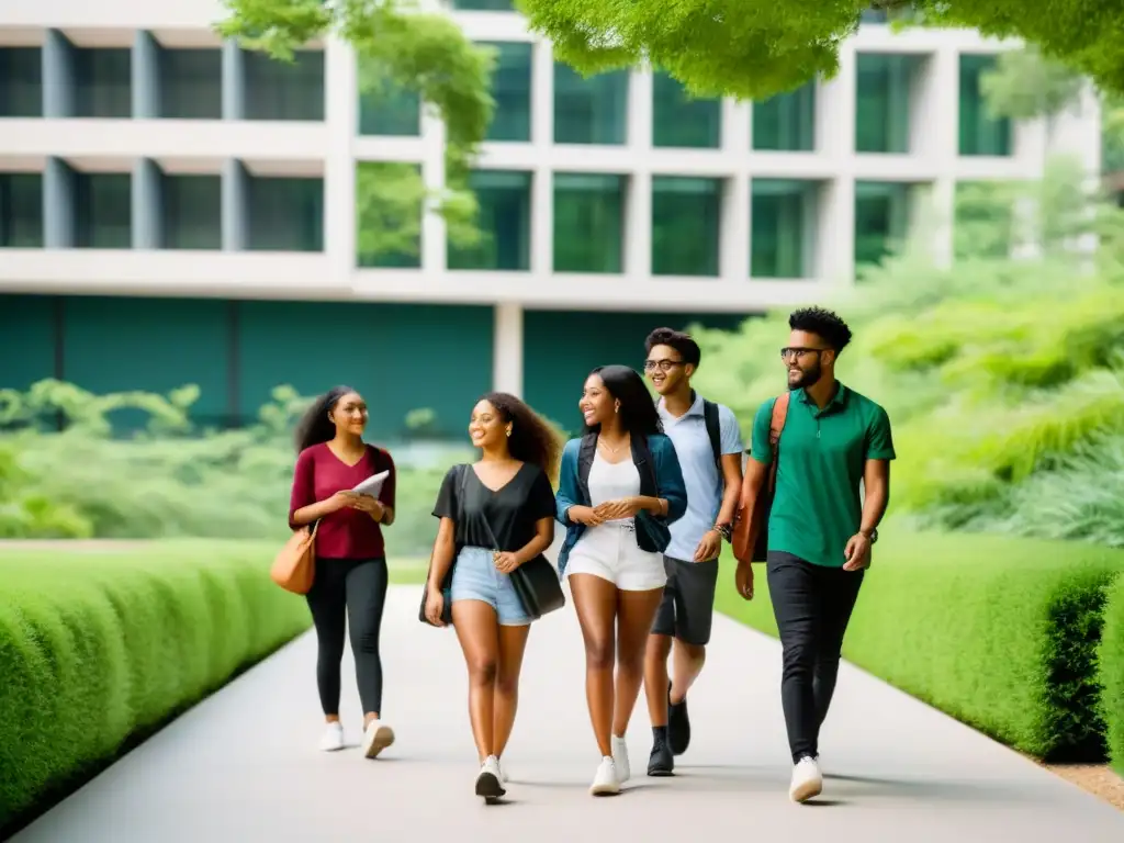 Un grupo diverso de estudiantes camina unido en un moderno campus universitario, rodeado de vegetación exuberante y arquitectura contemporánea