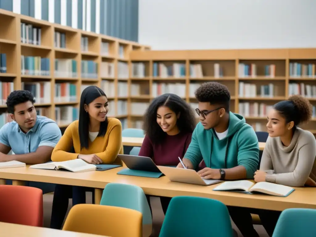 Un grupo diverso de estudiantes estudia unidos en una biblioteca universitaria en Uruguay