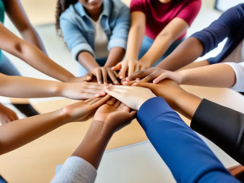 Un grupo diverso de estudiantes colabora unidos en un aula moderna, destacando la inclusión de género en educación