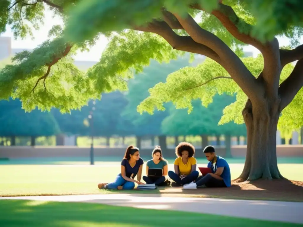 Estudio en armonía: diversidad y colaboración universitaria al aire libre Grupo diverso de estudiantes universitarios concentrados bajo un árbol, simbolizando la reducción deserción universitaria grupos vulnerables