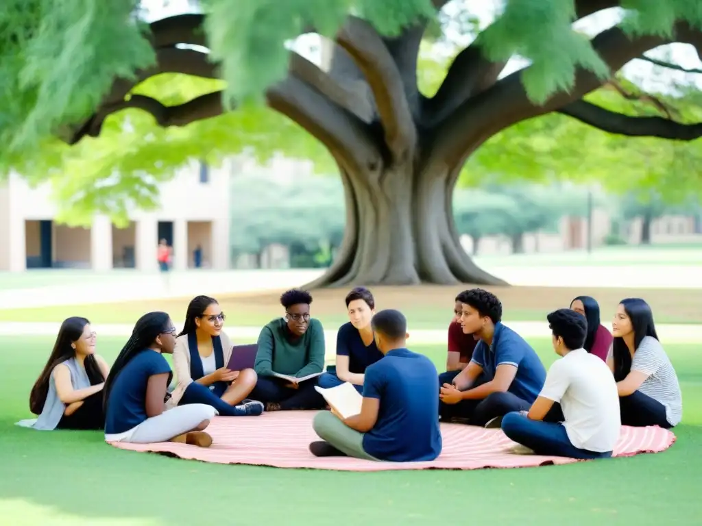 Unidad y colaboración: estudiantes diversos compartiendo ideas en el campus Un grupo diverso de estudiantes universitarios colaborando bajo un árbol
