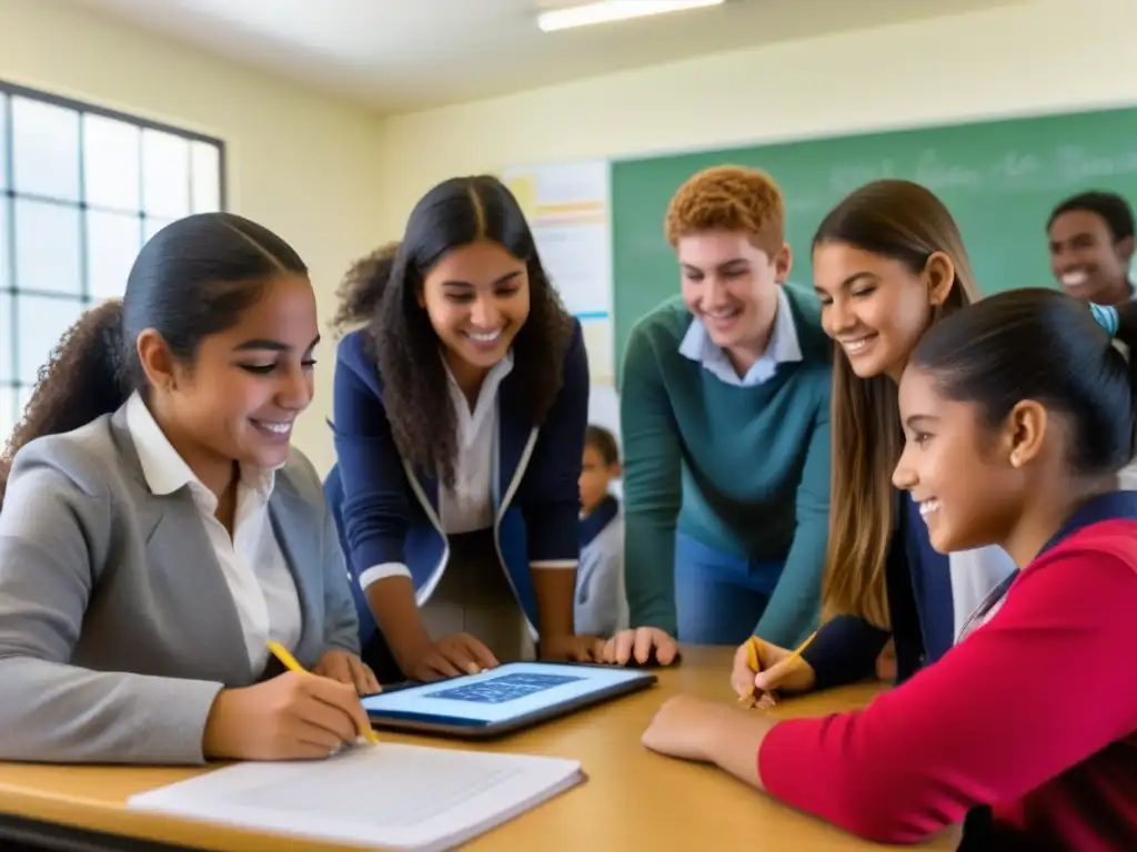 Grupo diverso de estudiantes uruguayos colaborando entusiastas en un proyecto educativo, en un aula moderna y equipada