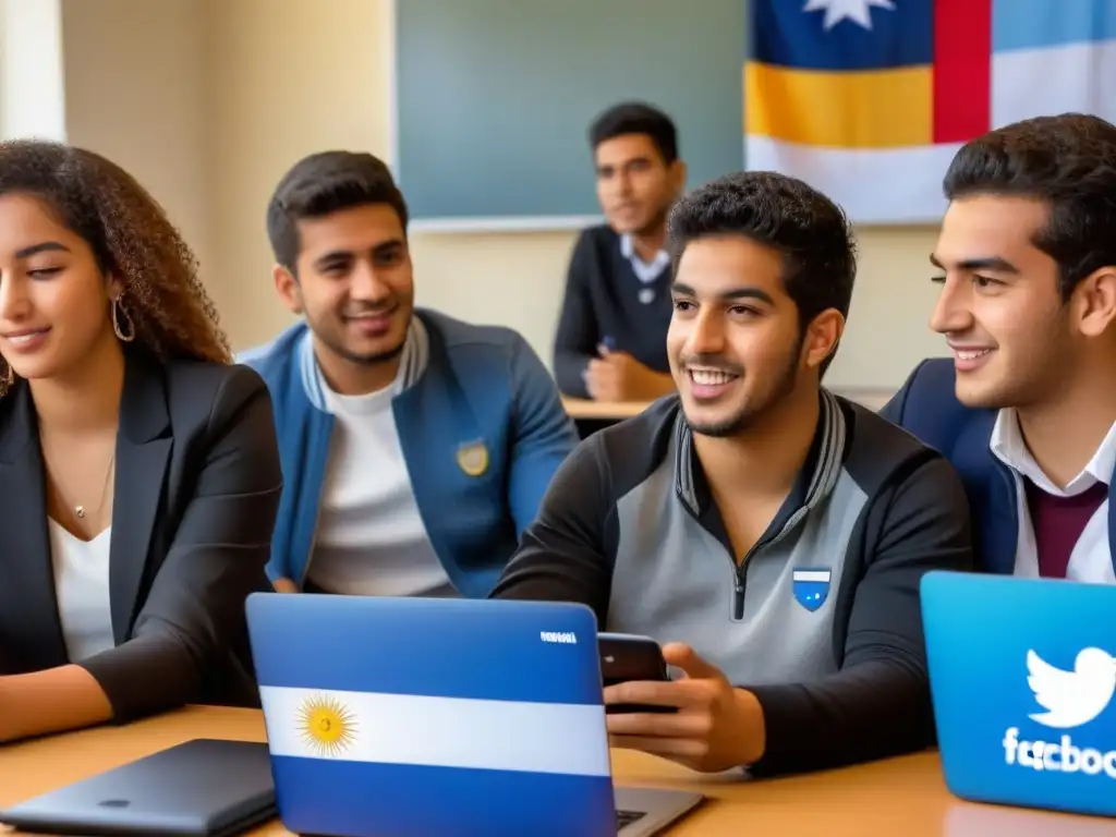 Grupo diverso de estudiantes uruguayos debatiendo sobre educación en redes sociales, fusionando tradición y tecnología