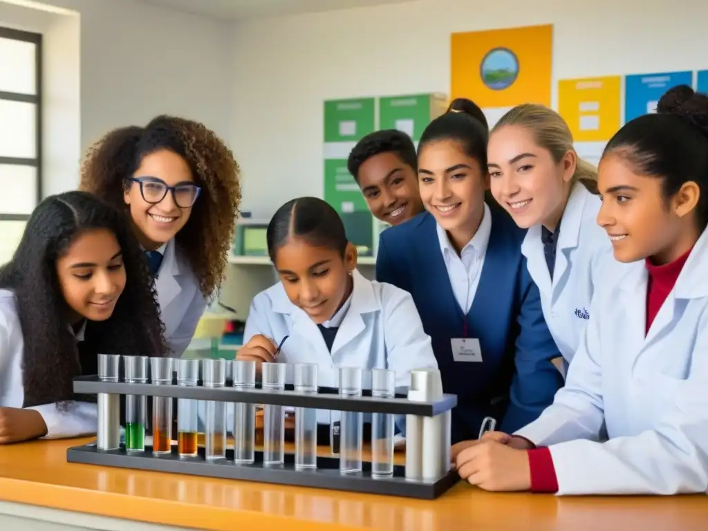 Grupo diverso de estudiantes uruguayos realizando experimentos en un laboratorio escolar