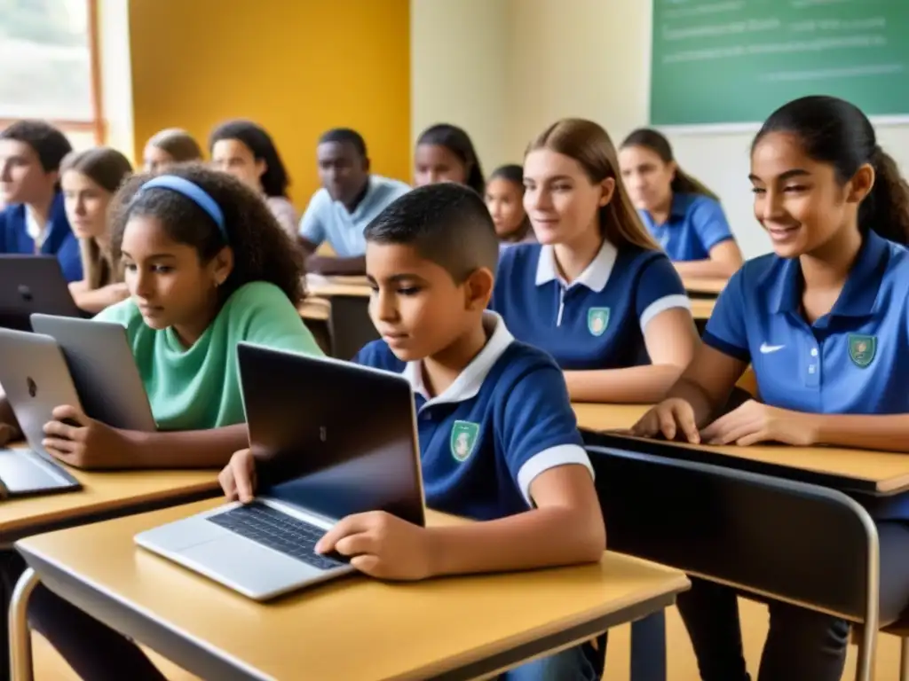 Grupo diverso de estudiantes uruguayos en aula digital, fomentando alfabetización digital en Uruguay