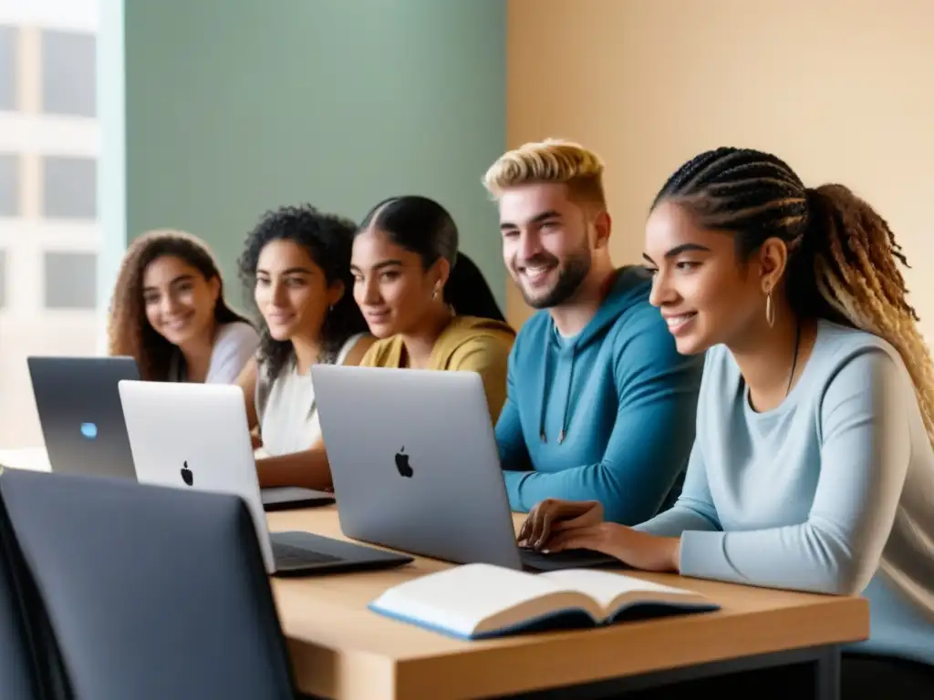 Grupo diverso de estudiantes uruguayos colaborando en plataformas para estudiar, en un entorno educativo moderno y multicultural