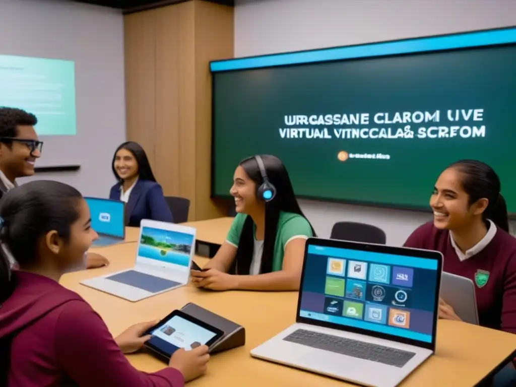 Grupo diverso de estudiantes uruguayos disfrutando de beneficios de la gamificación educativa en aula virtual futurista