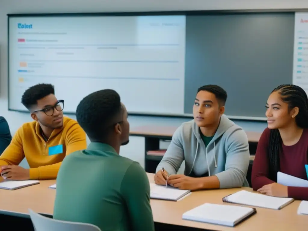 Grupo diverso de estudiantes uruguayos aprendiendo educación financiera en un aula moderna y luminosa