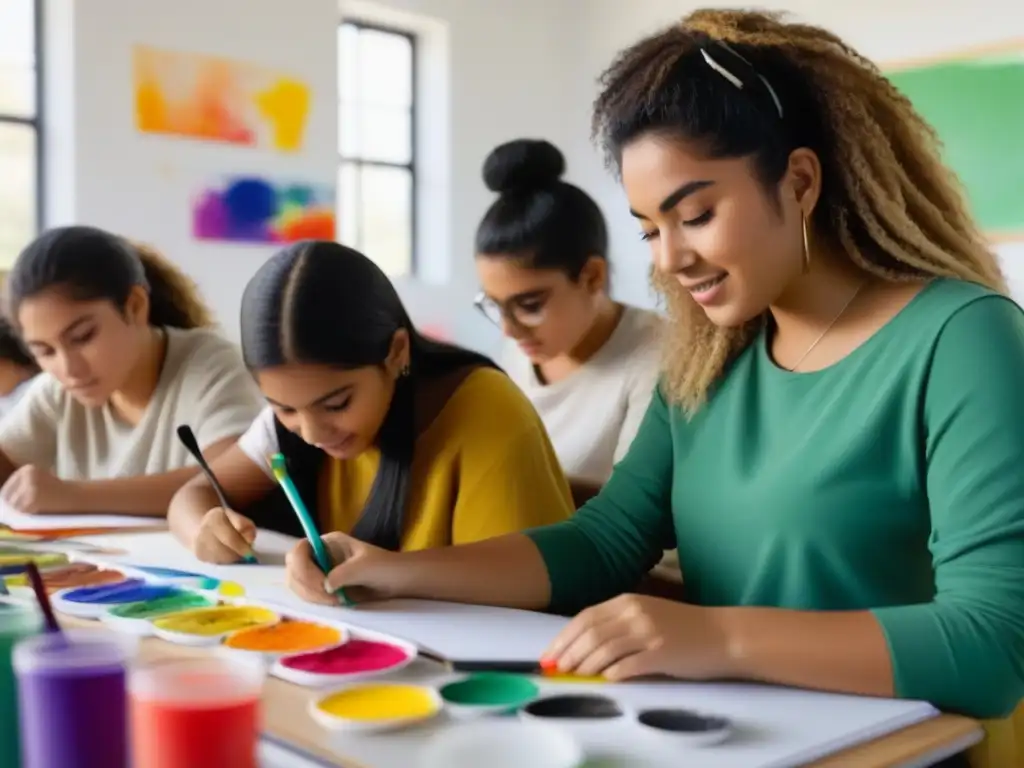 Grupo diverso de estudiantes uruguayos disfrutando de los beneficios del arte en educación en un aula moderna y luminosa