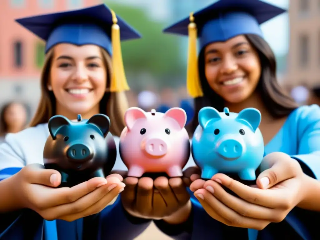 Grupo diverso de estudiantes uruguayos con símbolos de financiación para estudios superiores, en un campus universitario moderno