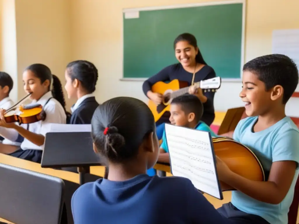Grupo diverso de estudiantes uruguayos concentrados y felices en clase de música