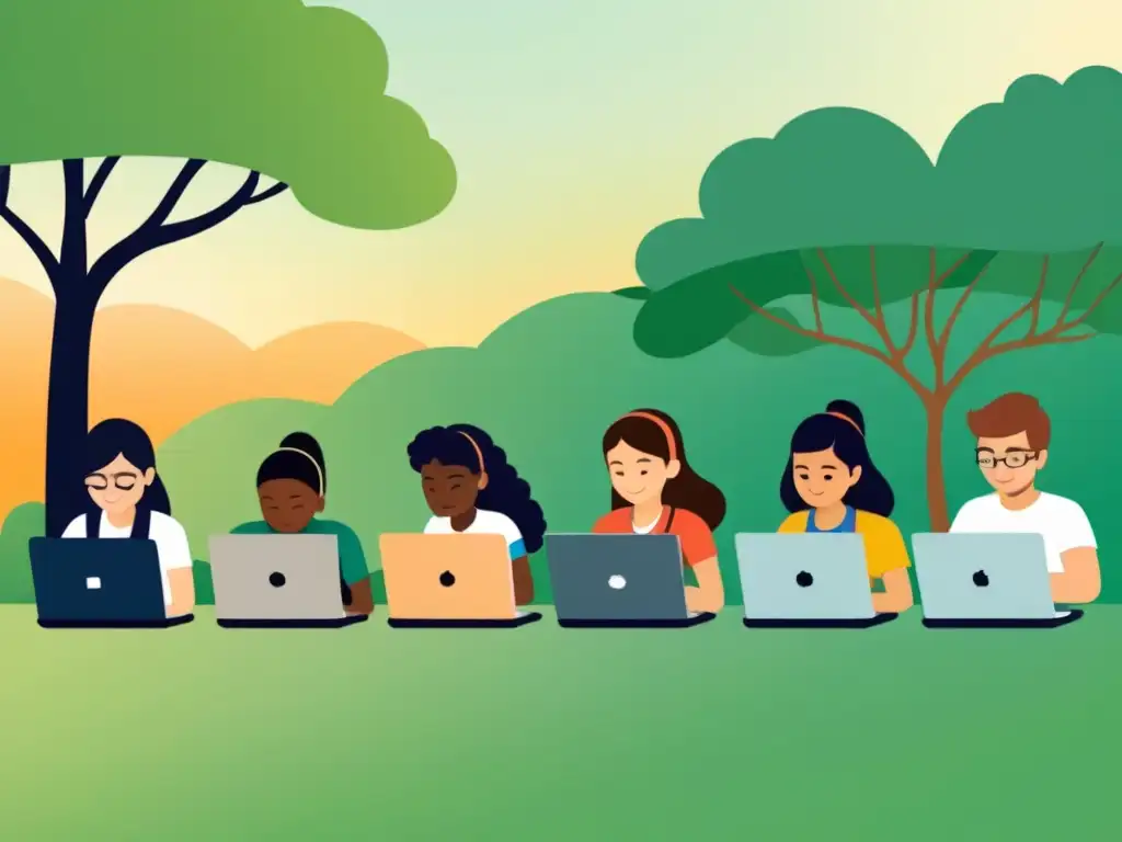 Grupo diverso de estudiantes uruguayos inmersos en elearning entre la naturaleza, expresando determinación y curiosidad