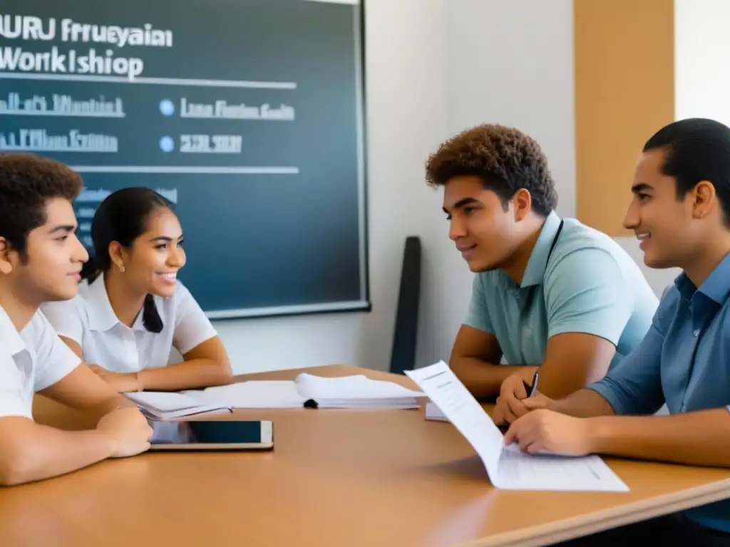 Grupo diverso de estudiantes uruguayos concentrados en taller de enseñanza finanzas personales