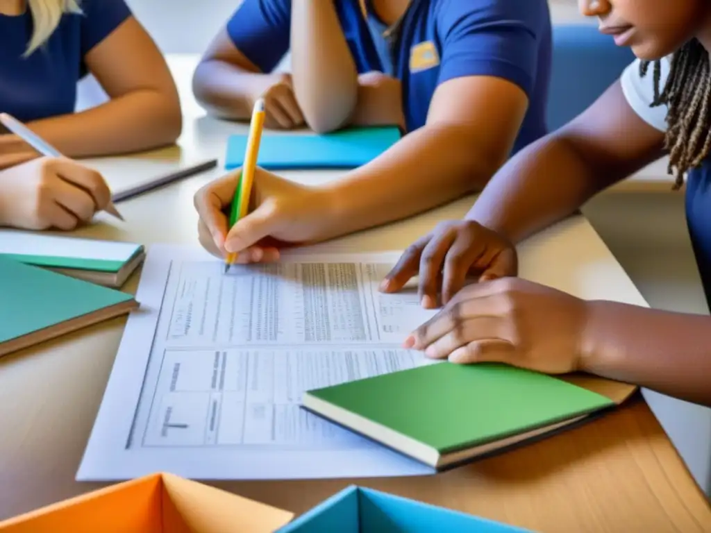 Un grupo diverso de estudiantes uruguayos colabora intensamente en proyectos educativos, mostrando evaluación y trabajo en equipo