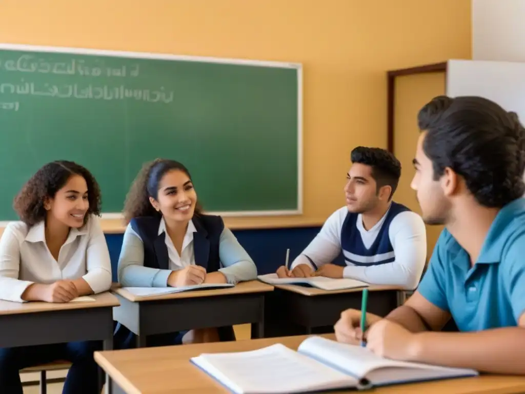 Un grupo diverso de estudiantes uruguayos colaborando en aula con expresiones enfocadas, rodeados de materiales educativos