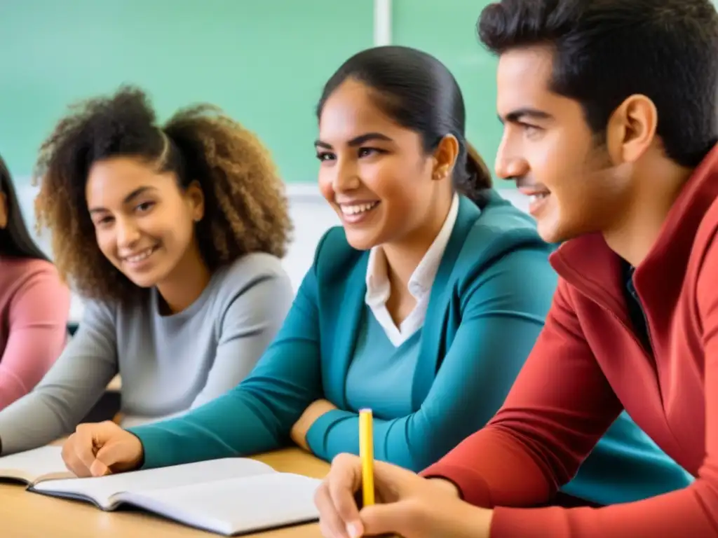 Un grupo diverso de estudiantes uruguayos en una animada discusión en un aula moderna, destacando la importancia de la educación inclusiva