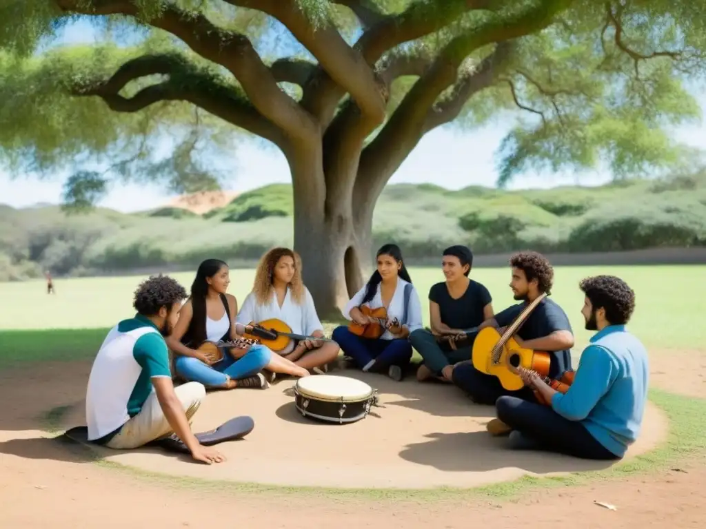 Clase de música al aire libre: estudiantes uruguayos e internacionales colaboran con instrumentos Grupo diverso de estudiantes uruguayos y colaboradores internacionales aprendiendo música al aire libre con instrumentos