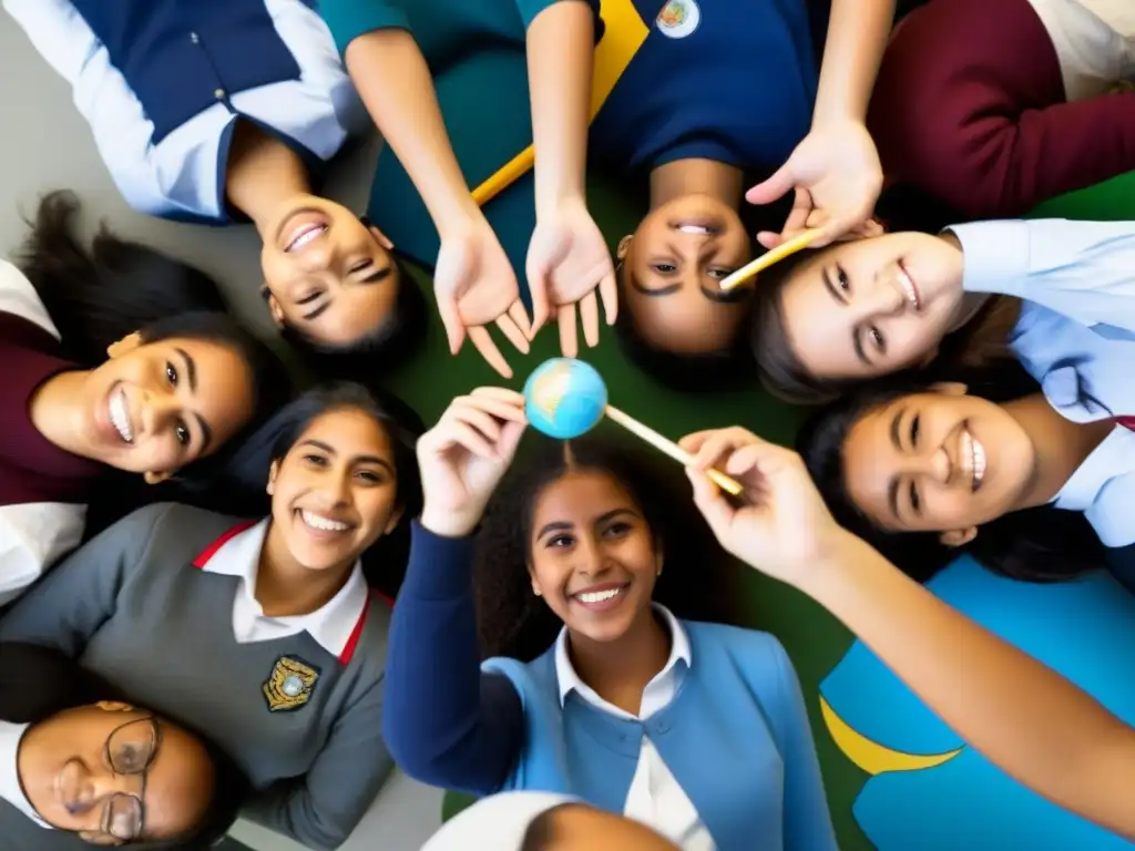 Un grupo diverso de estudiantes uruguayos participando en una actividad educativa colaborativa, rodeados de símbolos de educación